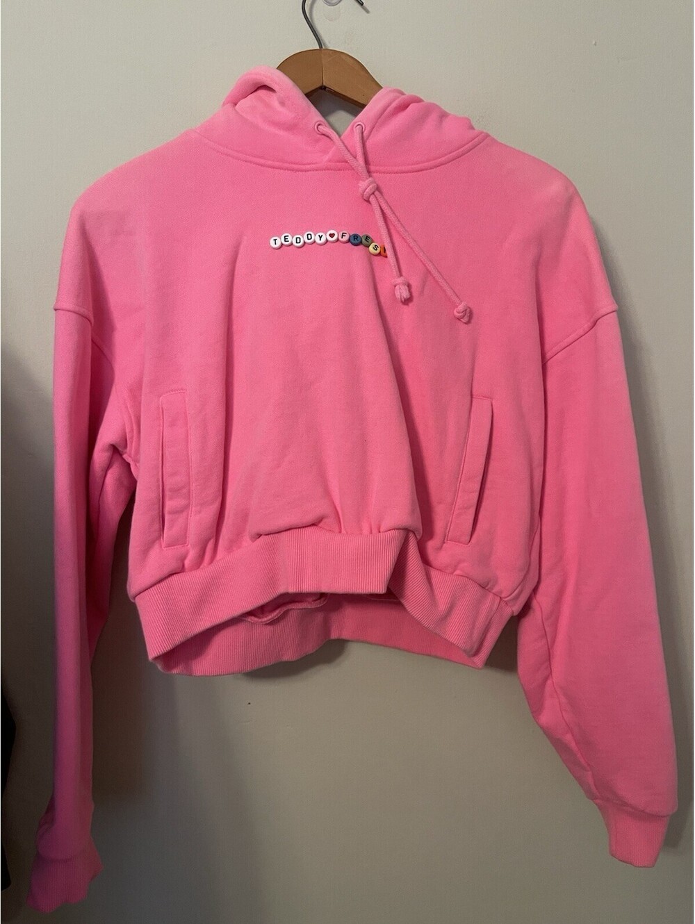 Teddy Fresh Pink Beaded Pullover Hoodie Cropped Cotton Women Small S